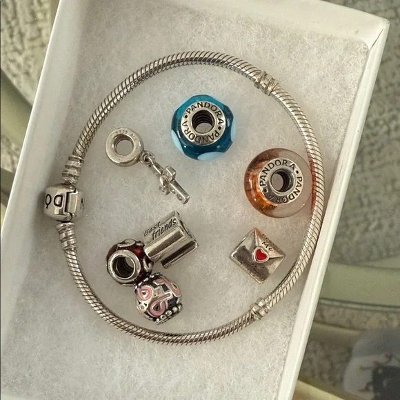 Pandora Silver Bracelet with Pink, Blue & Amber Charms - Picture 1 of 1